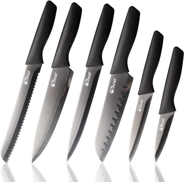 Fashionwu Black Kitchen Knife Set of 6, Stainless Steel Knife Set, Extra Sharp Kitchen Cooking Knife Set with Cover