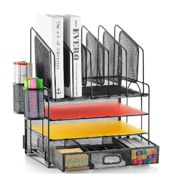 Marbrasse Desk Organizer with Drawer, 4-Tier Mesh Desk File Organizer with 5 Vertical File Holders and 2 Pen Holders, Multifunction Desktop Organizer