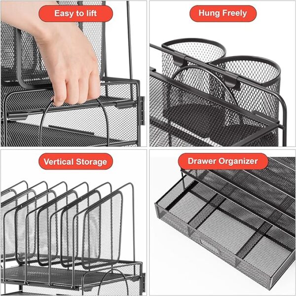 Marbrasse Desk Organizer with Drawer, 4-Tier Mesh Desk File Organizer with 5 Vertical File Holders and 2 Pen Holders, Multifunction Desktop Organizer - Image 2