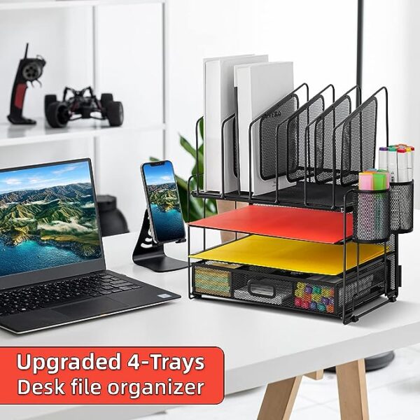 Marbrasse Desk Organizer with Drawer, 4-Tier Mesh Desk File Organizer with 5 Vertical File Holders and 2 Pen Holders, Multifunction Desktop Organizer - Image 3