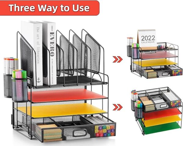 Marbrasse Desk Organizer with Drawer, 4-Tier Mesh Desk File Organizer with 5 Vertical File Holders and 2 Pen Holders, Multifunction Desktop Organizer - Image 4