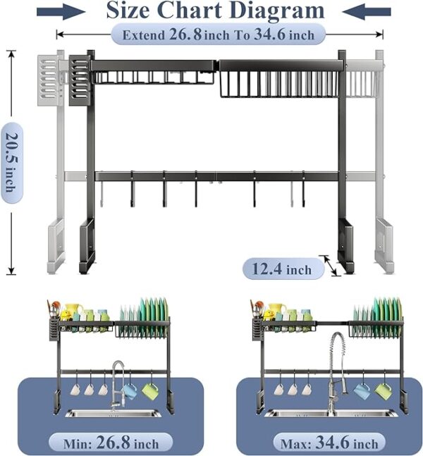 ULG Over The Sink Dish Drying Rack, 3 Tier Stainless Steel Length Adjustable - Image 3