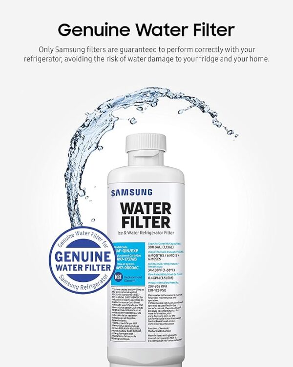 SAMSUNG Genuine Filter for Refrigerator Water and Ice, Carbon Block Filtration, Reduces 99% of Harmful Contaminants for Clean, Clear Drinking Water, 6-Month Life, HAF-QIN/EXP, 1 Pack - Image 5