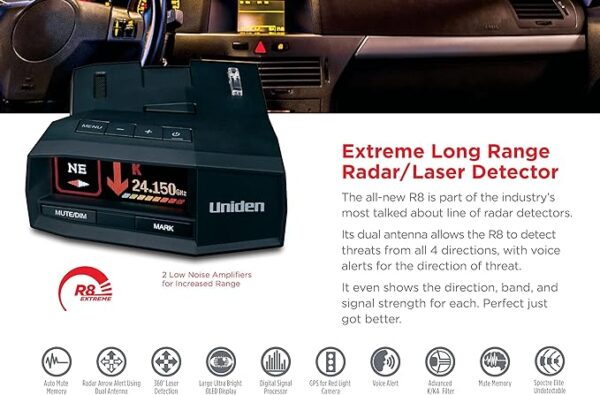 UNIDEN R8 Extreme Long-Range Radar/Laser Detector, Dual-Antennas Front & Rear Detection w/Directional Arrows - Image 4