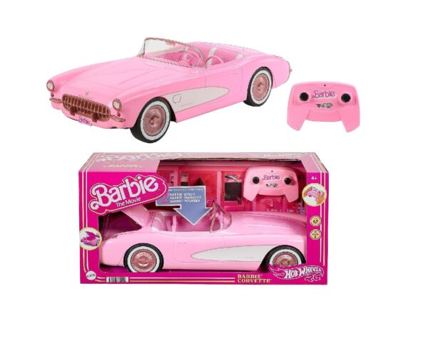 Hot Wheels Barbie RC Corvette from Barbie the Movie, Full-Function Remote-Control Toy Car Holds 2 Barbie Dolls