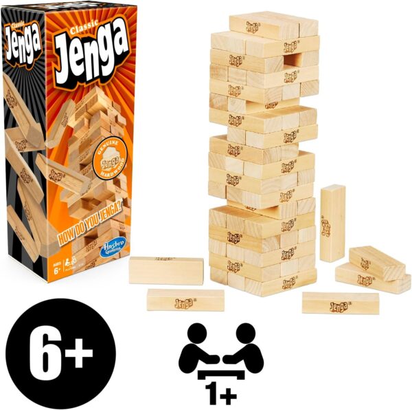 Hasbro Gaming Jenga Classic Game with Genuine Hardwood Blocks, Stacking Tower Game for 1 or More Players, Kids Easter Basket Stuffers, Ages 6+ - Image 3