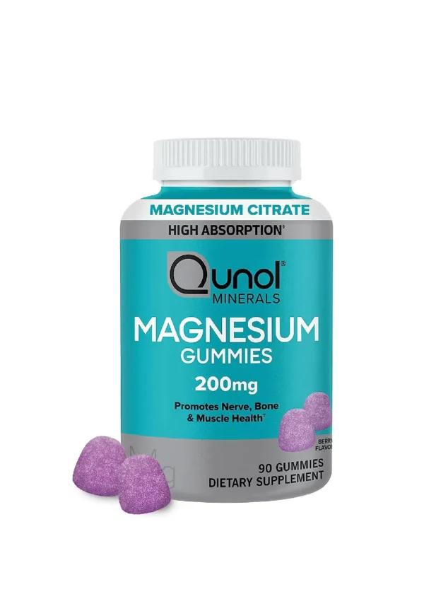 Qunol Magnesium Gummies for Adults, 200mg Magnesium Citrate High Absorption Supplement, Supports Nerve/Bone Health, Muscle Health, Vegetarian, 90 Count