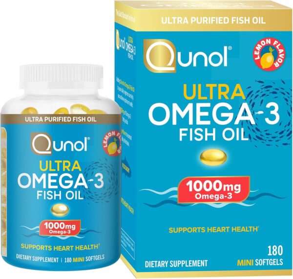 Qunol Fish Oil Omega 3 Mini Softgels, 1000mg Omega 3 EPA + DHA, Ultra Pure Supplements, Heart Health Support, Lemon Flavor, Easy to Swallow Minis, 3 Month Supply, 180 Count