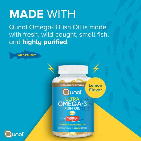 Qunol Fish Oil Omega 3 Mini Softgels, 1000mg Omega 3 EPA + DHA, Ultra Pure Supplements, Heart Health Support, Lemon Flavor, Easy to Swallow Minis, 3 Month Supply, 180 Count - Image 4