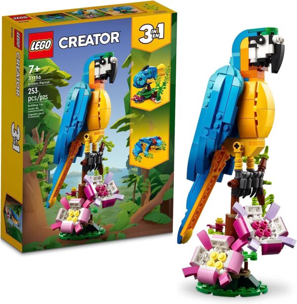 LEGO Creator 3 in 1 Exotic Parrot Building Toy Set, Creative Building Toy Easter Basket Stuffer, Transforms from Colorful Parrot to Swimming Fish to Cute Frog, Easter Gift for Kids Ages 7+, 31136