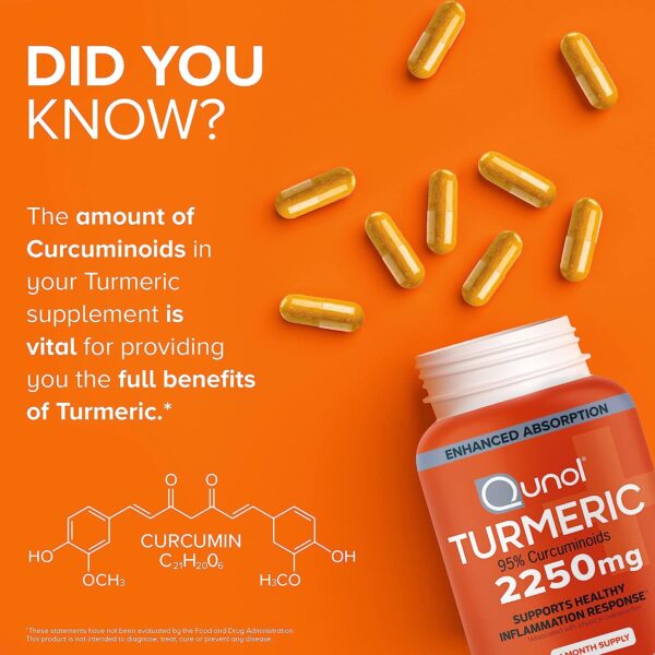 Qunol Turmeric Curcumin with Black Pepper, 2250mg Turmeric Extract with 95% Curcuminoids, Extra Strength Turmeric Supplement, Enhanced Absorption, Joint Support Supplement, 90 Vegetarian Capsules - Image 2