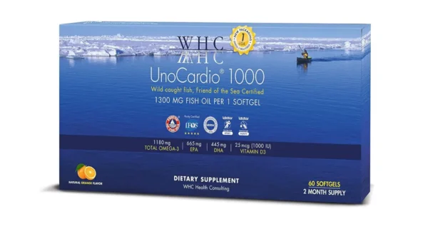 WHC, UnoCardio 1000 Fish Oil, 1300 mg of Pure Triglyceride Fish Oil with Omega-3 (1180 mg), 665 mg EPA and 445 mg DHA and 25 mcg (1000 IU) Vitamin D3 per softgel, Natural Orange, 60 softgels