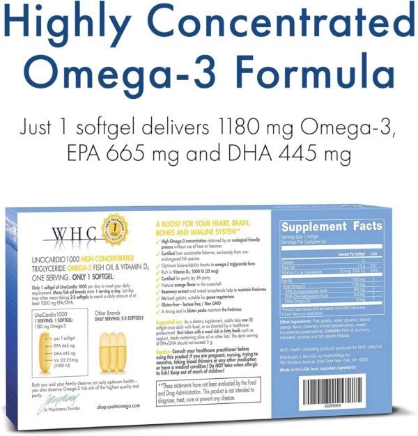 WHC, UnoCardio 1000 Fish Oil, 1300 mg of Pure Triglyceride Fish Oil with Omega-3 (1180 mg), 665 mg EPA and 445 mg DHA and 25 mcg (1000 IU) Vitamin D3 per softgel, Natural Orange, 60 softgels - Image 2